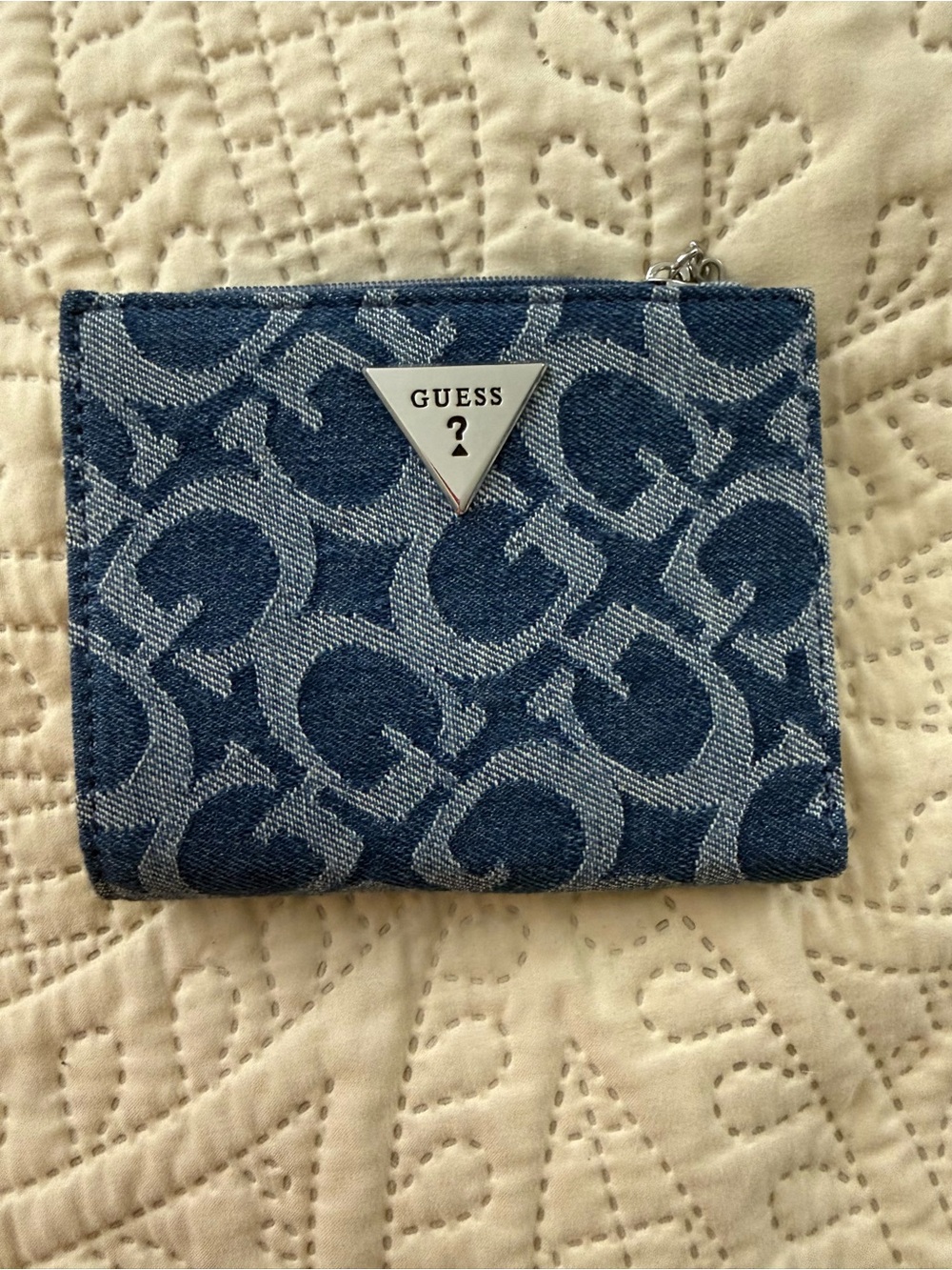 GUESS Denim Logo Jacquard Zip Wallet in Blue